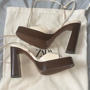 Zara Cream and Brown Platform Heels with Chunky Block Heel